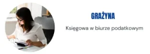 Kurs kadrowo-płacowy od podstaw – kobieta liczy na kalkulatorze, napis „Grażyna – Księgowa w biurze podatkowym”