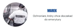 Kurs kadrowo-płacowy od podstaw – ochroniarz na schodach, napis „Marek – Ochroniarz, który chce doczekać do emerytury”