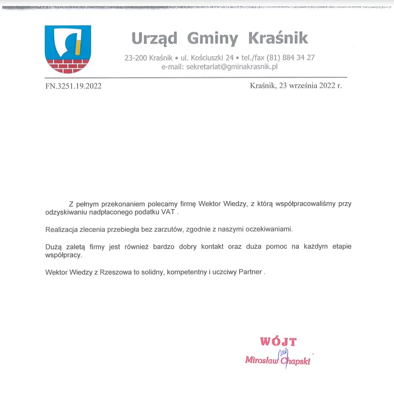 Doradztwo dla JST – list referencyjny Urzędu Gminy Kraśnik polecający współpracę przy odzyskiwaniu nadpłaconego VAT
