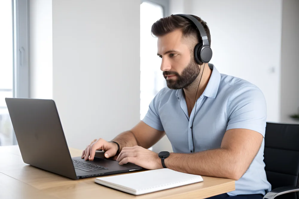 Szkolenie z technik sprzedaży – uczestnik ze słuchawkami bierze udział w zajęciach online przy laptopie