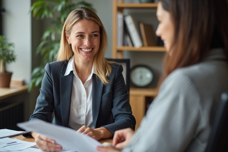 Smiling financial advisor consulting client at business meeting reviewing document. Female bank manager consults investor. Working office, planning taxes. Pro consultation. Legal advice