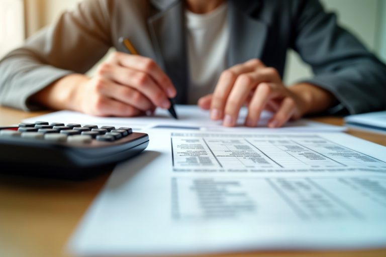Person carefully fills tax forms. Person concentrates on documents, calculator. Individual struggles with complex tax calculation. Possible tax burden, financial difficulty