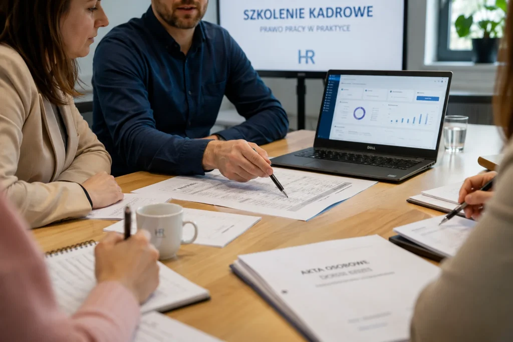 Kursy kadrowo-płacowe w województwie mazowieckim – analiza dokumentów kadrowych przy stole, obok teczka „Akta osobowe”