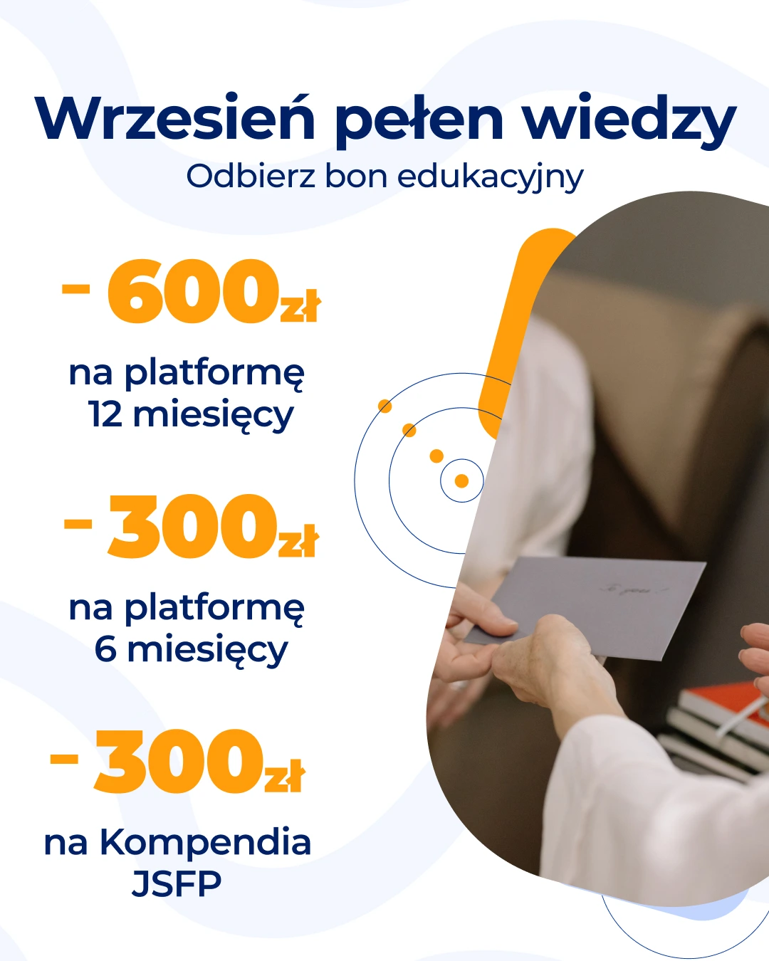 Szkolenia dla sektora prywatnego – baner „Wrzesień pełen wiedzy. Odbierz bon edukacyjny” z bonami 600 zł i 300 zł