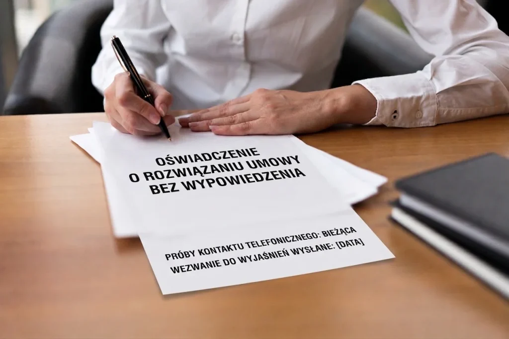 Zbliżenie na dłonie bizneswoman podpisującej oficjalne oświadczenie o rozwiązaniu umowy o pracę z powodu nieusprawiedliwionej nieobecności (porzucenie pracy), na podstawie art. 52 § 1 Kodeksu pracy, z widocznymi adnotacjami o próbach kontaktu.