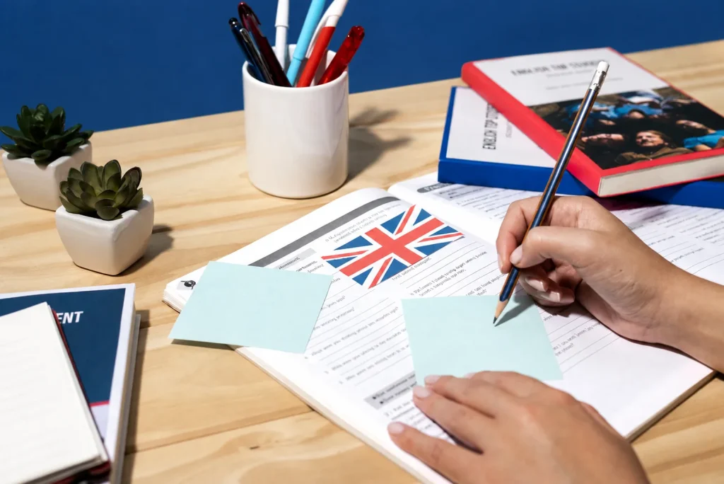Notatnik English Lessons i kolorowe zeszyty do nauki języka angielskiego na biurku