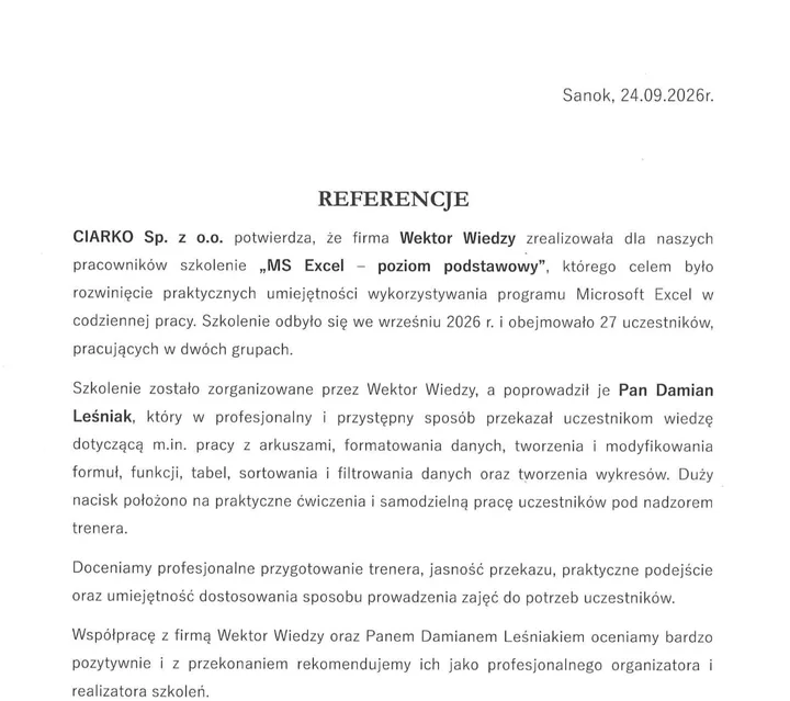 Podgląd listu referencyjnego – CIARKO Sp. z o.o.