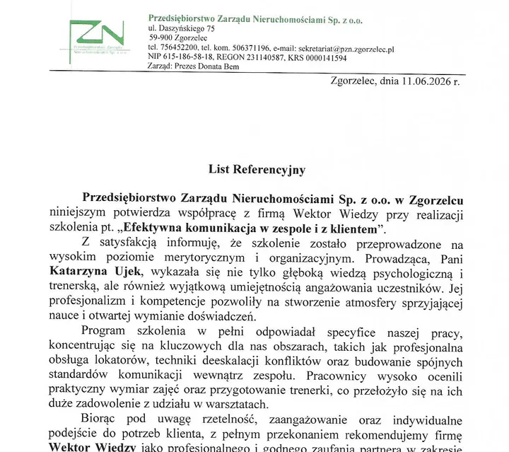 Podgląd listu referencyjnego – Przedsiębiorstwo Zarządu Nieruchomościami w Zgorzelcu