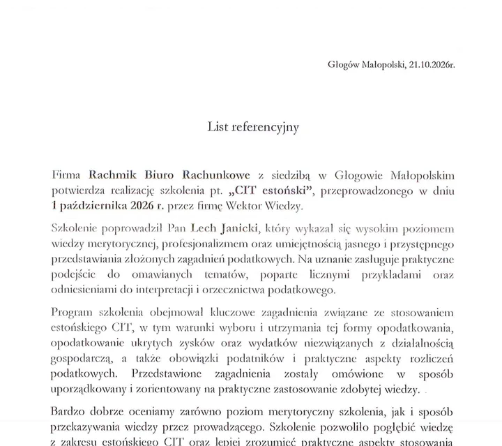 Podgląd listu referencyjnego – Rachmik Biuro Rachunkowe