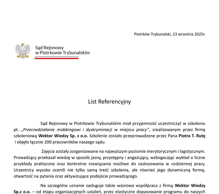 Podgląd listu referencyjnego – Sąd Rejonowy w Piotrkowie Trybunalskim (mobbing)