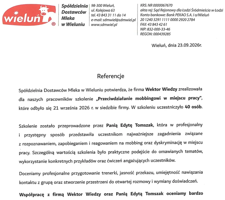 Podgląd listu referencyjnego – Spółdzielnia Dostawców Mleka w Wieluniu