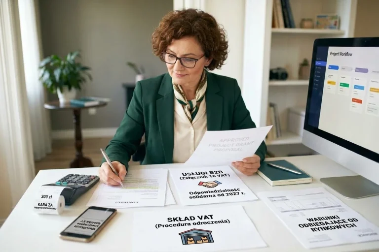 Przedsiębiorca analizuje umowę o usługi B2B przy biurku z laptopem i kalkulatorem pod kątem odpowiedzialności solidarnej w VAT.